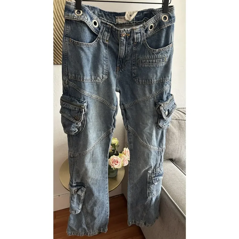 Free People Call Me Crazy Cargo Jeans 26 We The Free Grommet Waist Blue - Picture 3 of 16